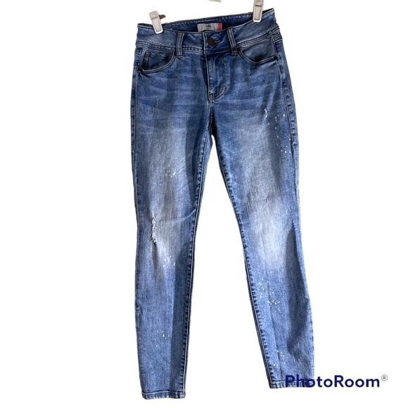 Cabi Cinch Skinny Jeans Sz 4 Mid Rise Bleach Splatter Distressed - Picture 1 of 9